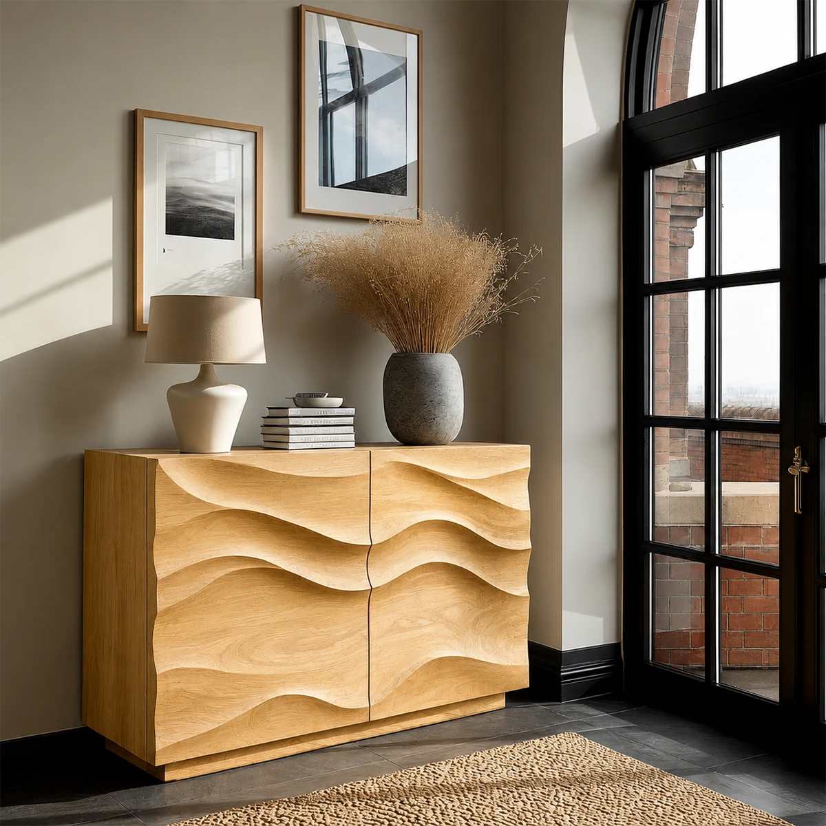 Sculptural sideboard console with handcrafted wave detailing and modern room aesthetic