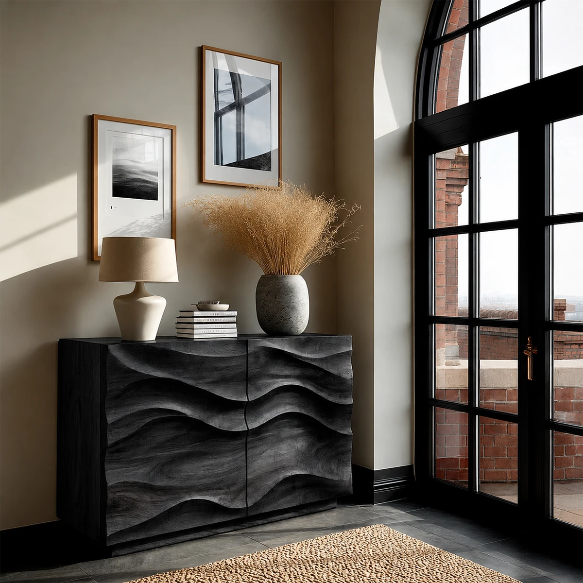 Compact storage credenza with artistic cabinet fronts and contemporary interior appeal