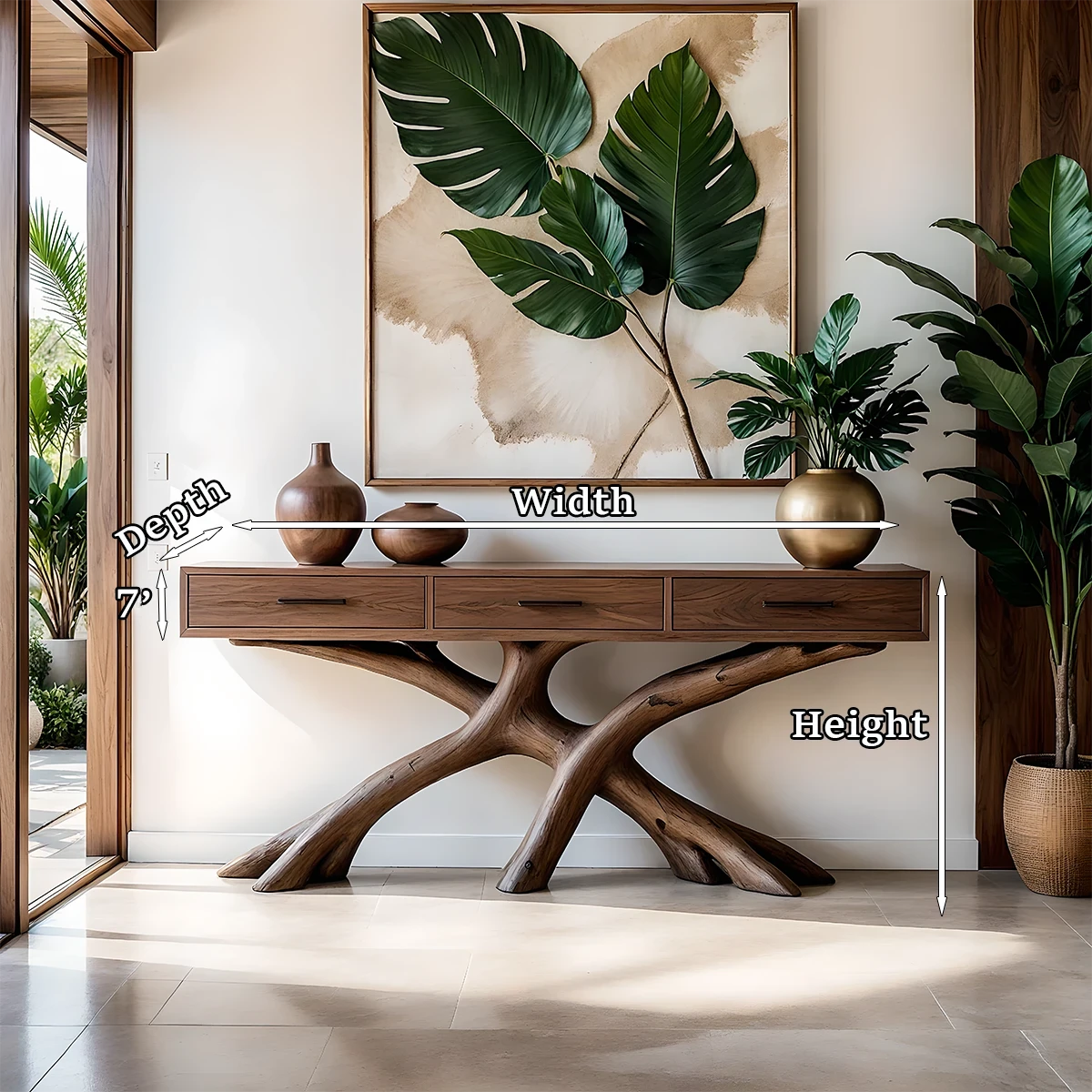 Handcrafted console table with organic wood structure brings texture and depth to this entryway