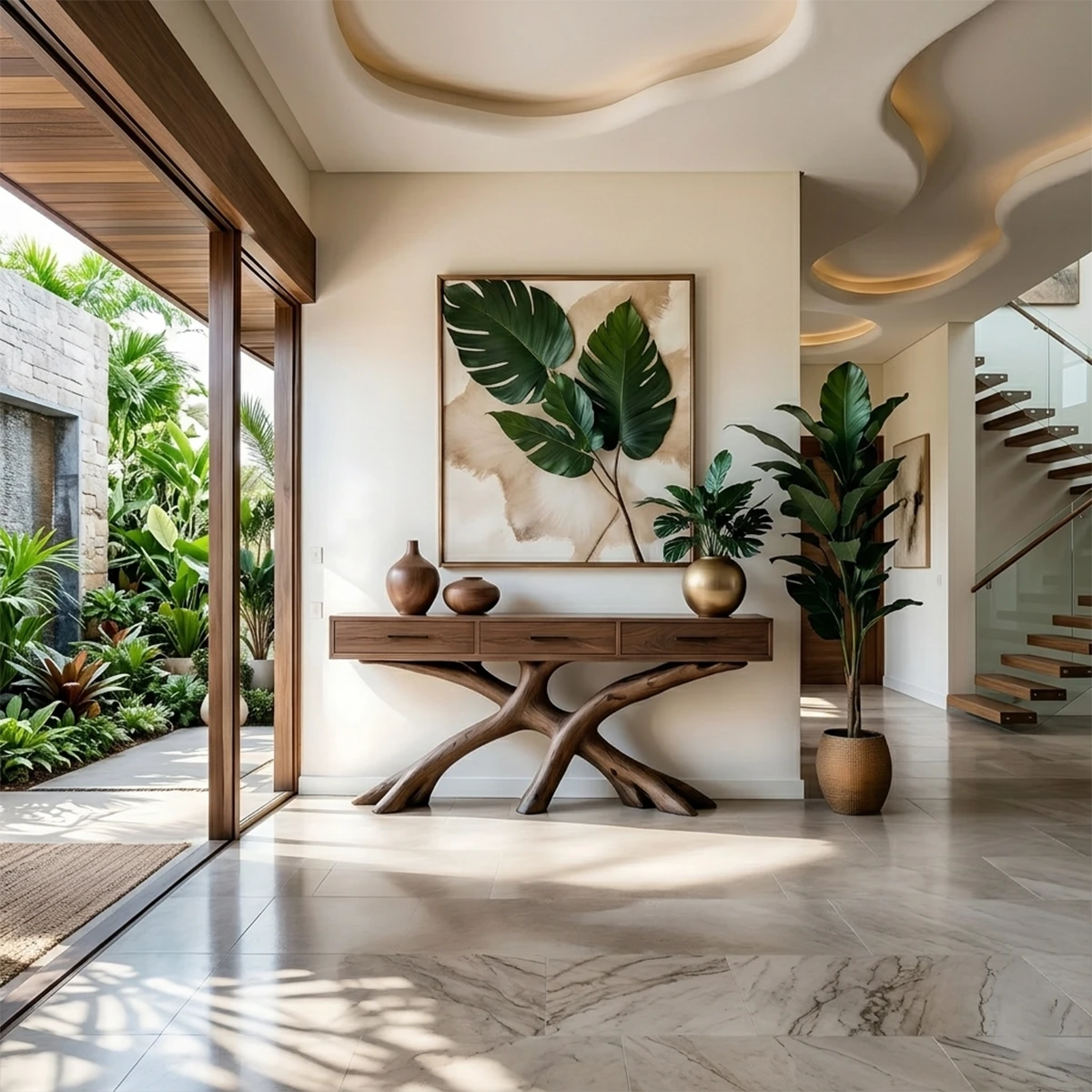 A unique console table with organic wood base adds natural character to this bright interior space