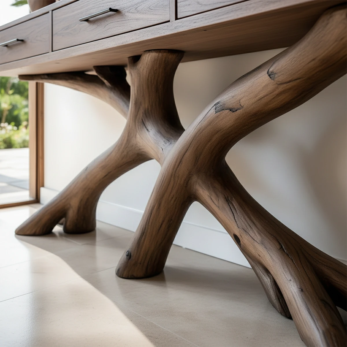 Natural wood console table with branch form base enhances this elegant and minimalist entryway