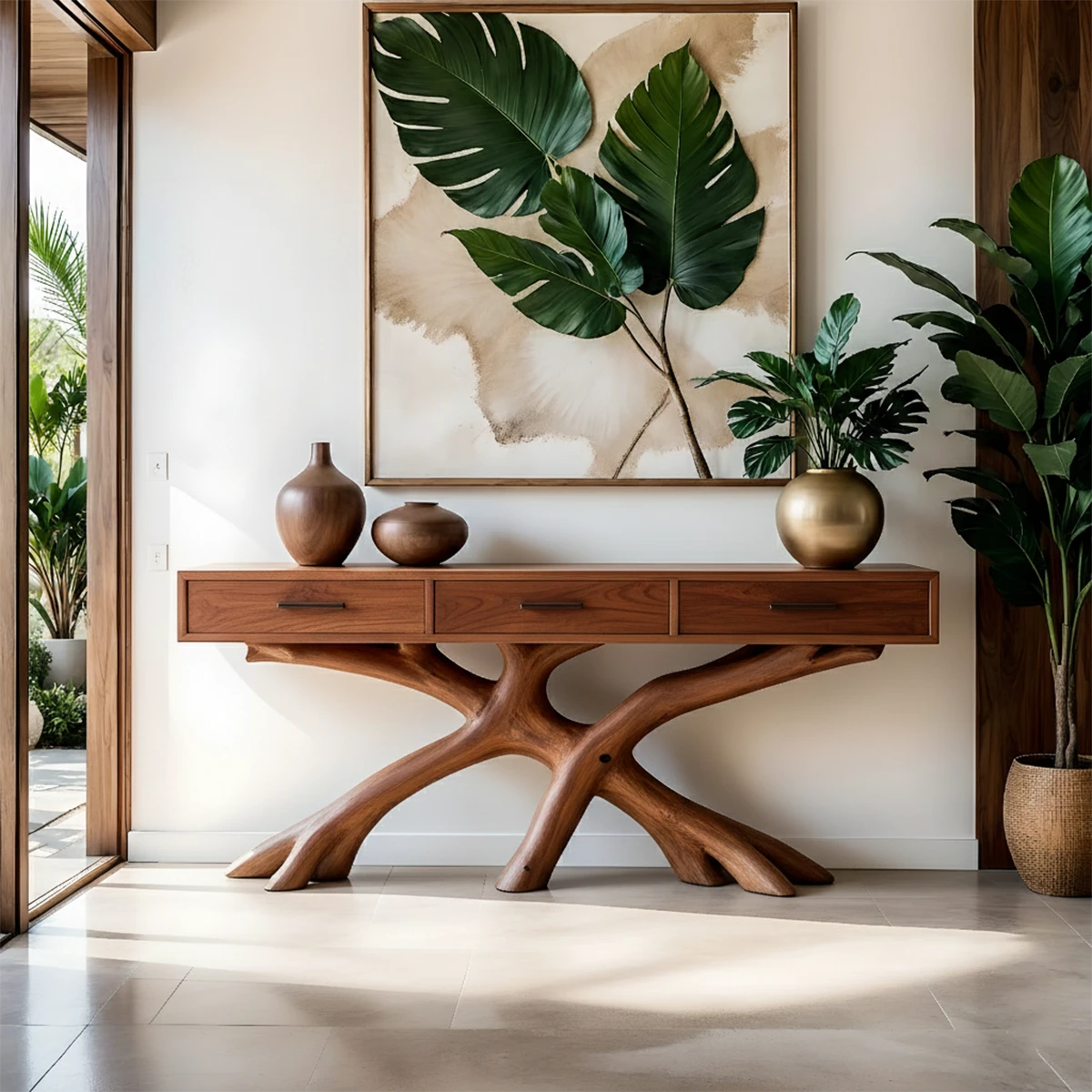 A modern console table with sculptural wood base complements this warm and nature inspired décor