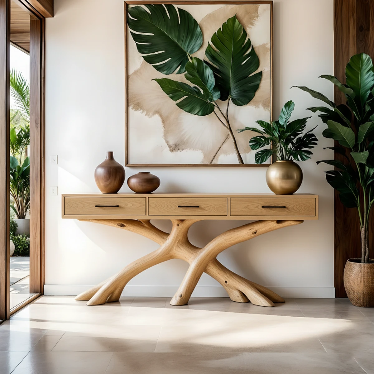 Organic form console table in solid wood styled beneath wall art in a contemporary living space