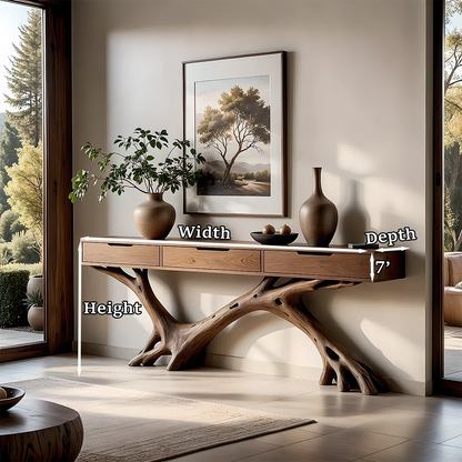 Handcrafted console table with organic wood structure brings texture and depth to this modern interior