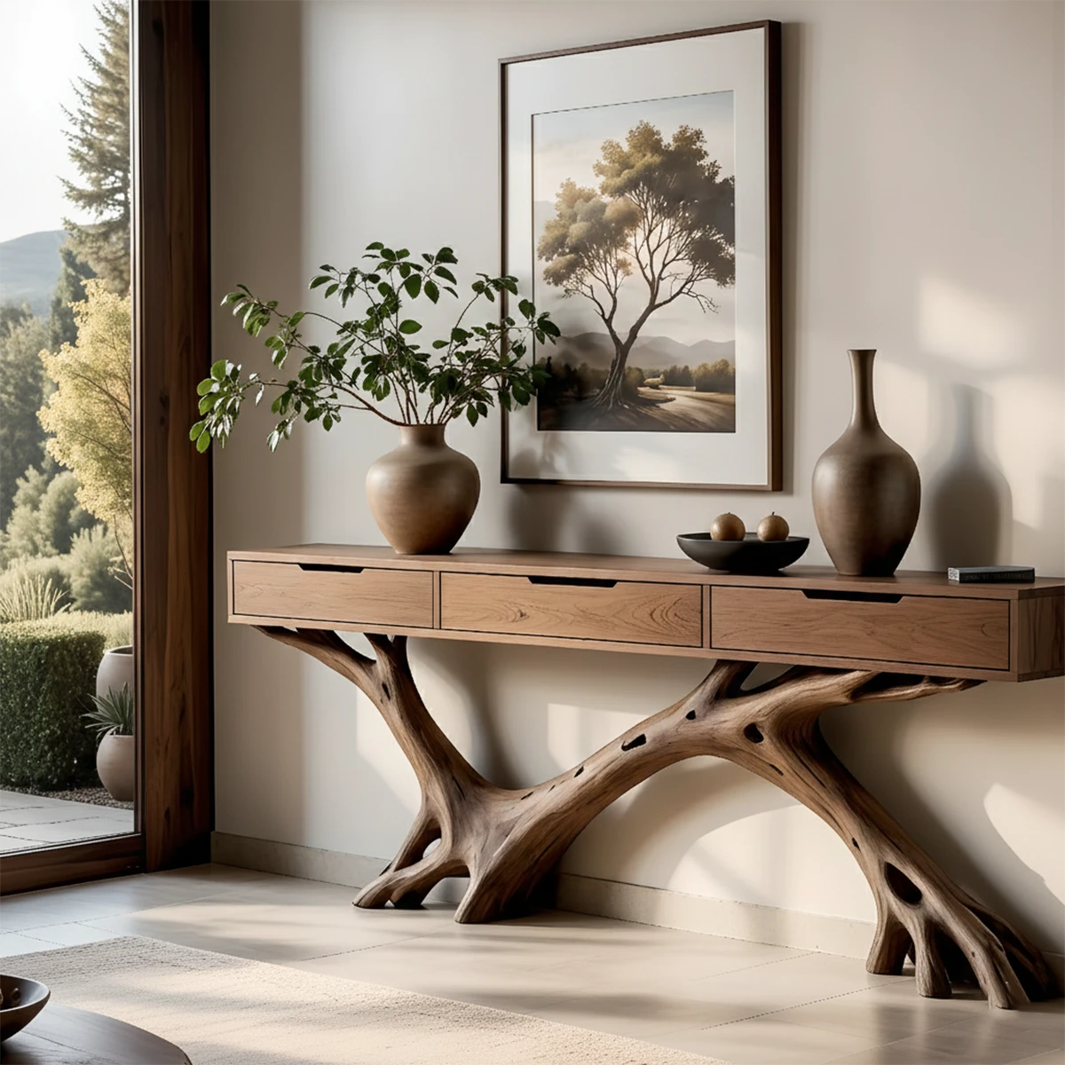 In this elegant space, a console table with organic base blends artistic form and functional storage
