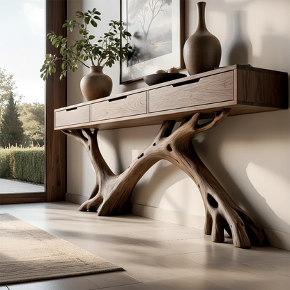 Natural wood console table with drawers enhances this minimalist and warm entryway design
