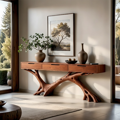 A modern console table with organic wood base complements this calm and nature inspired décor