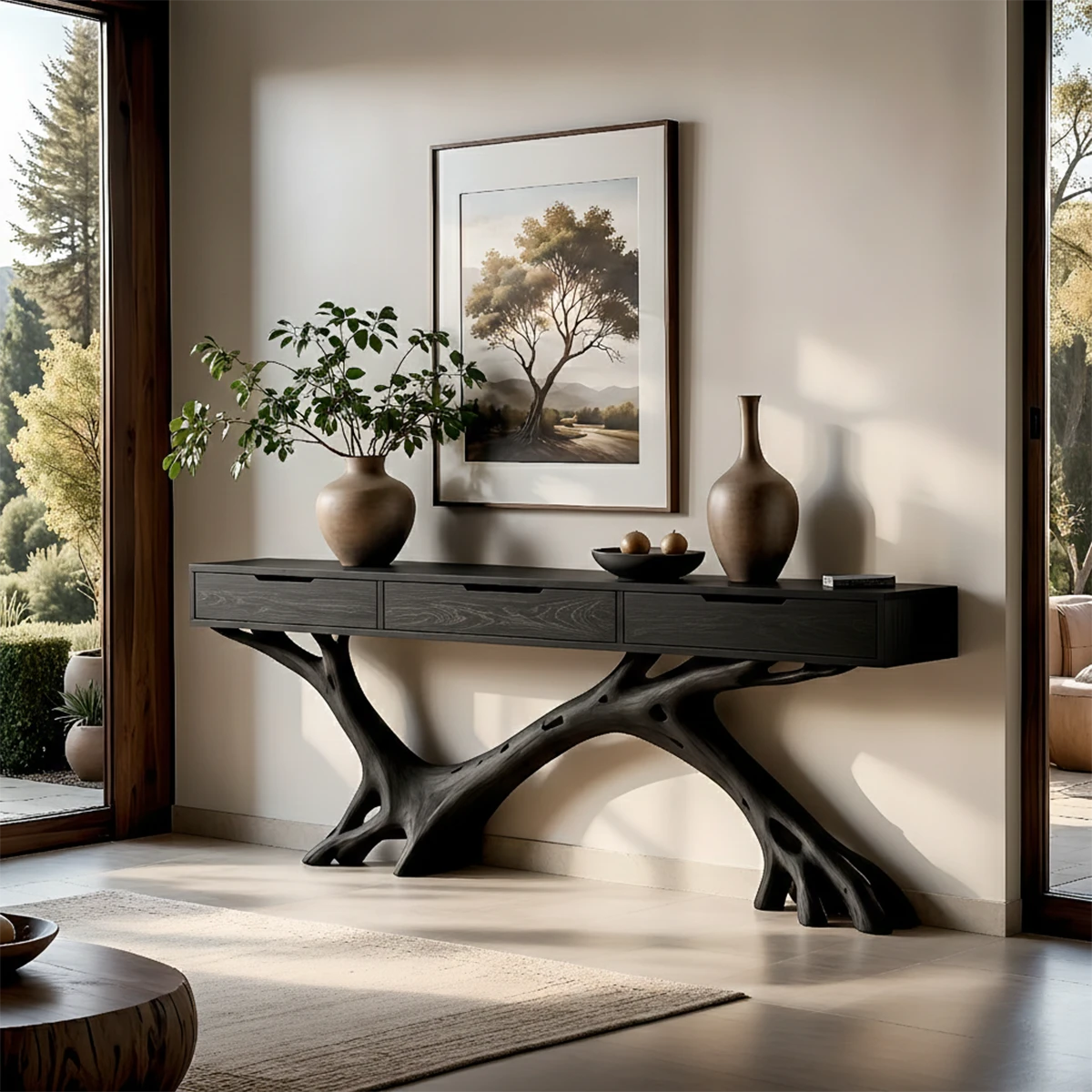 This hallway highlights a console table with storage drawers and natural wood sculptural base