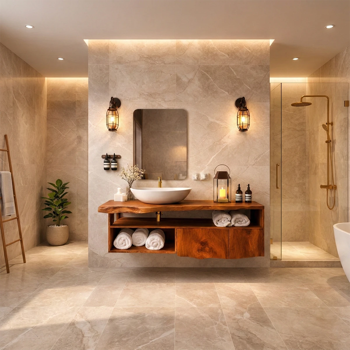 Natural suar wood floating bathroom vanity with vessel sink