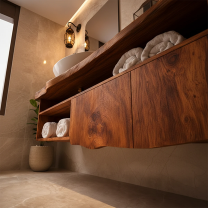 Wall mounted suar wood floating bathroom vanity with organic wood grain
