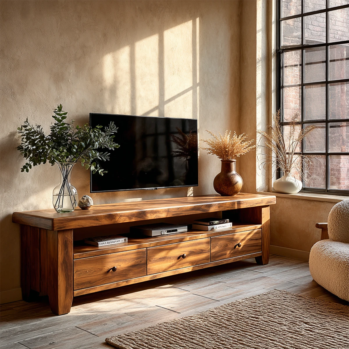 Sunlit living room with TV console featuring drawers and warm natural wood media storage