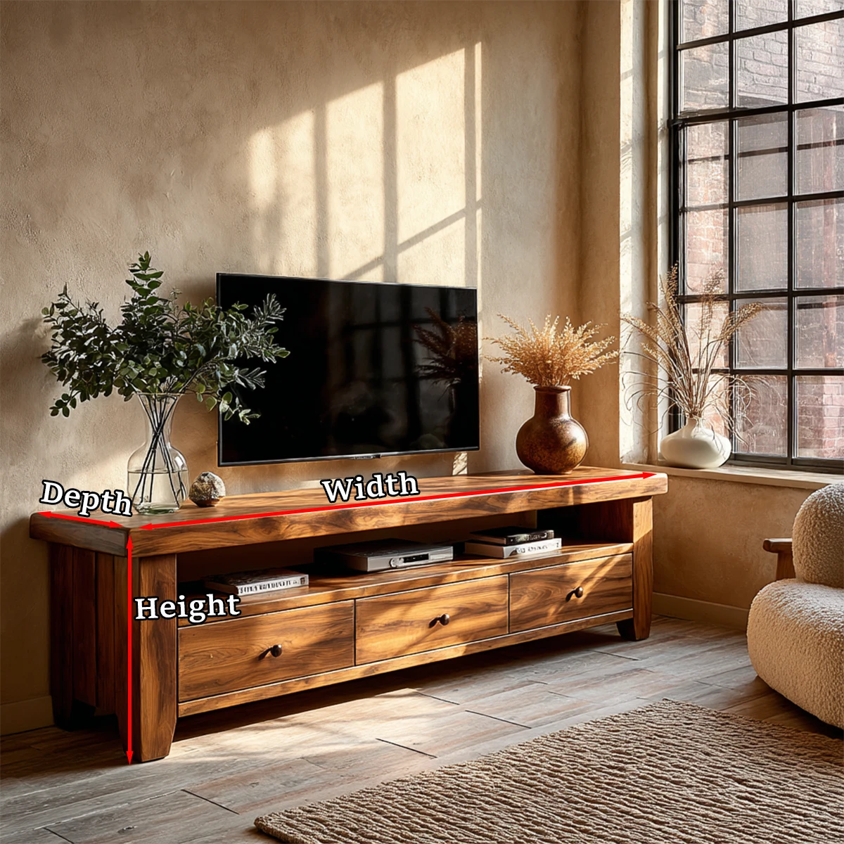 Natural light highlights wooden TV stand with drawers in calm and inviting living room