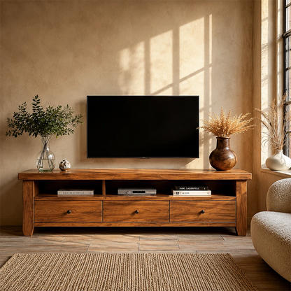 Wooden TV stand with a television, decorative items, and plants in a living room setting.
