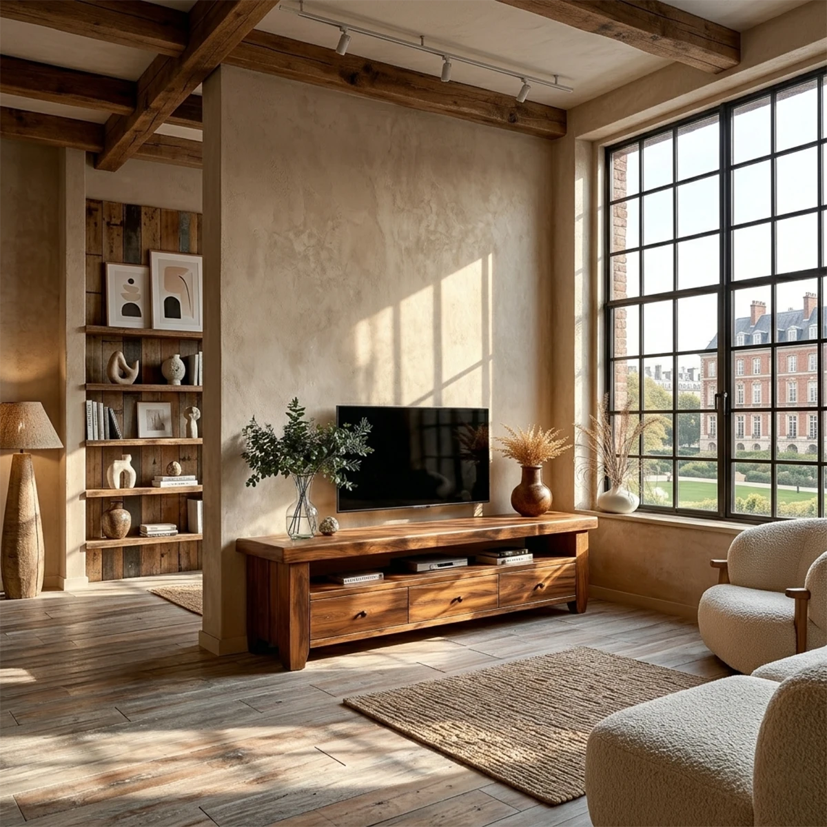 Wooden TV stand with drawer storage placed in bright room with soft sunlight and decor accents