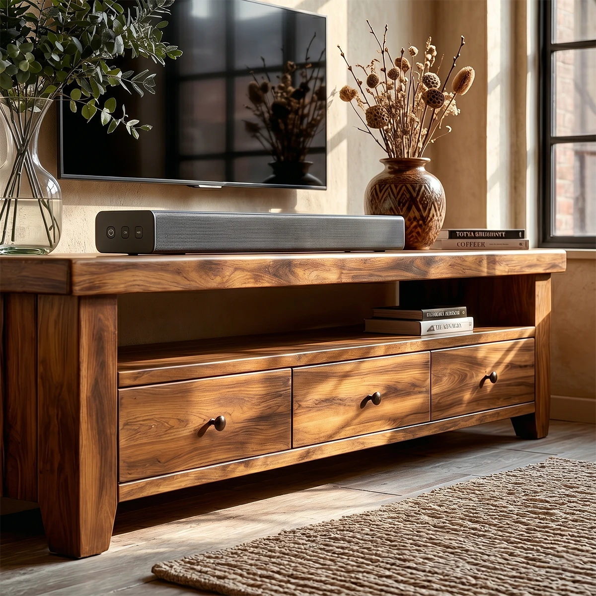 Warm tone TV cabinet with multiple drawers styled in cozy sunlit interior space