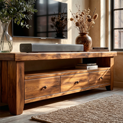 Warm tone TV cabinet with multiple drawers styled in cozy sunlit interior space