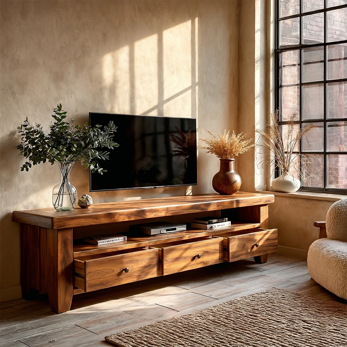 Low profile media console with storage drawers in naturally lit modern living room