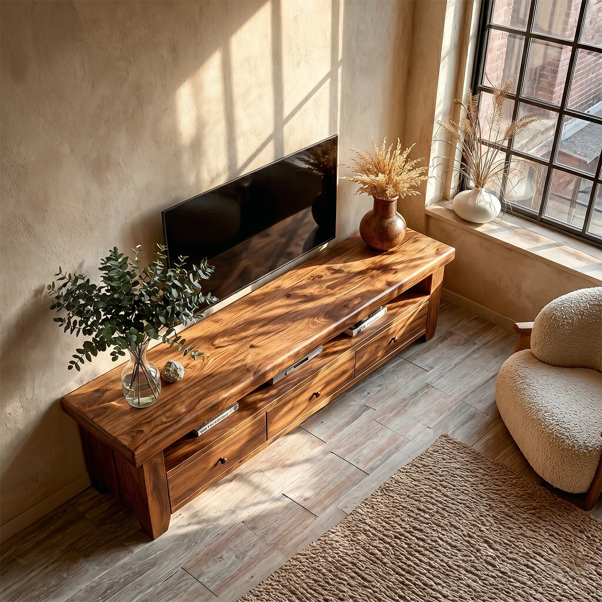 Earthy living room setup with wooden TV unit and practical drawer storage design