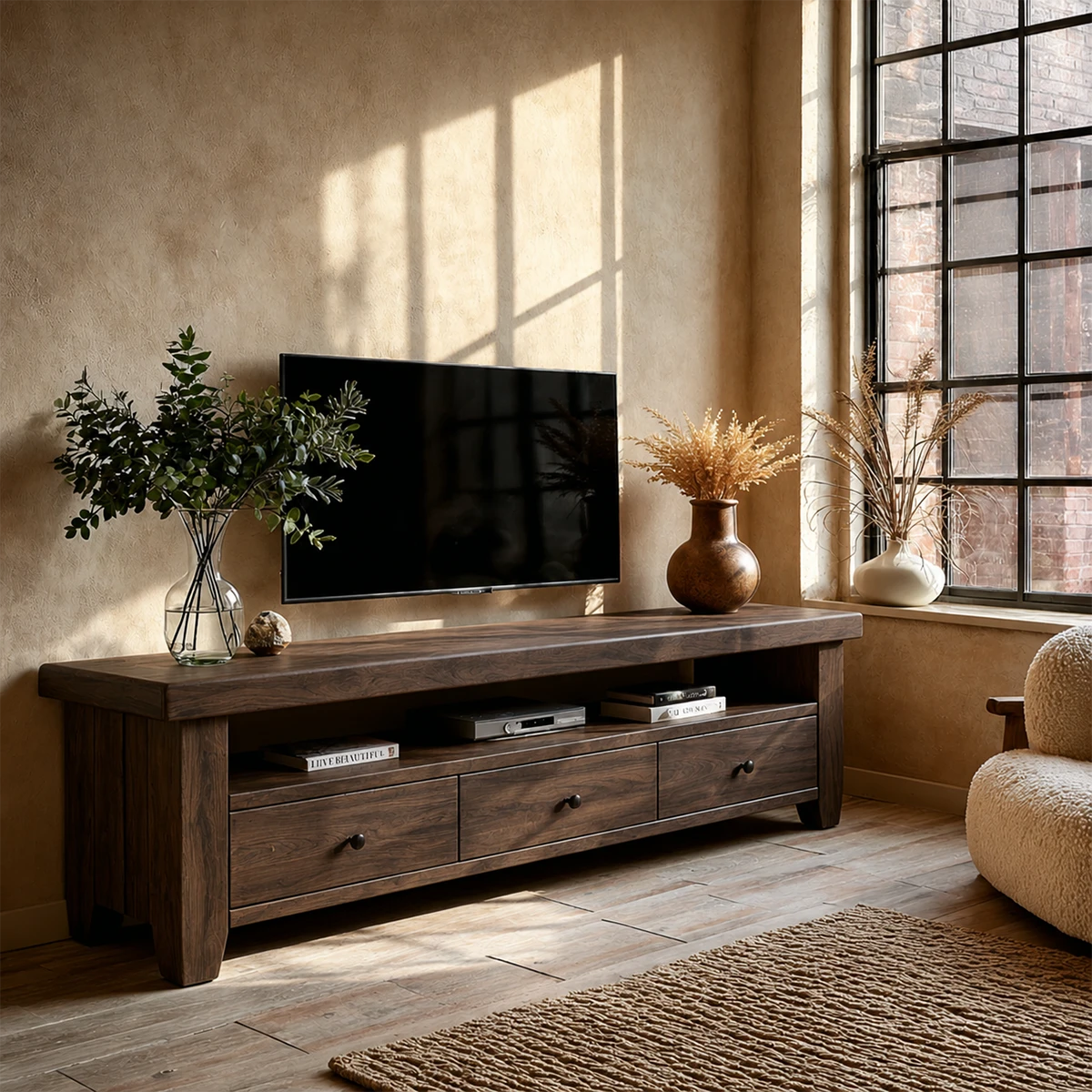 Functional TV console with drawers and open shelf in warm sunlit home environment