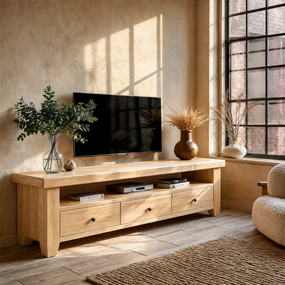 Minimal TV stand with storage drawers placed near window in bright natural light
