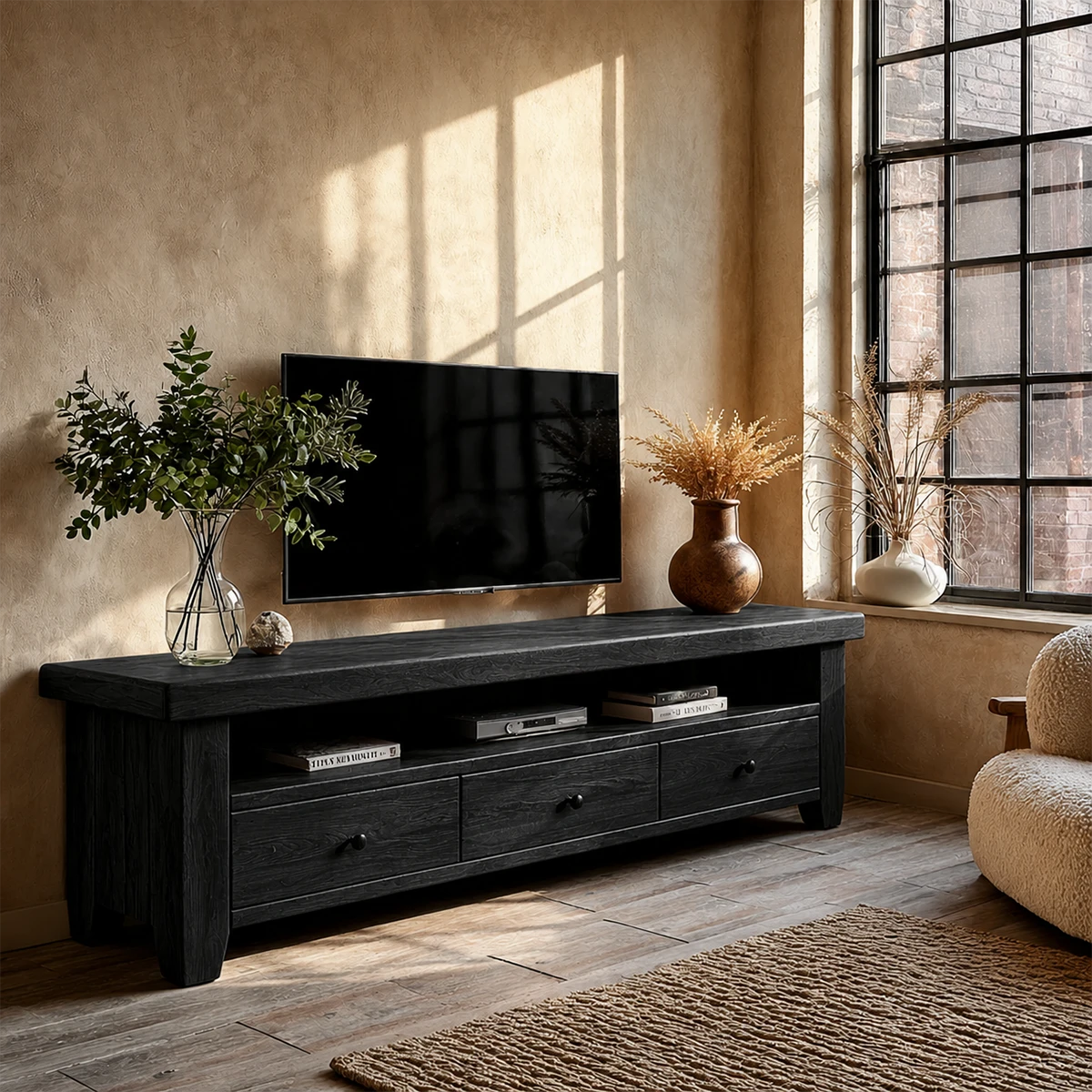 Comfortable living area featuring wood media cabinet with drawers and open display shelf