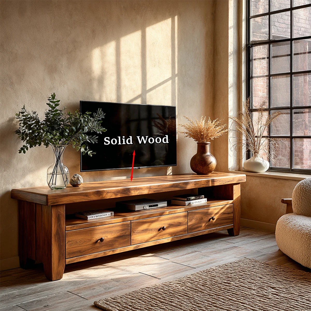 Home interior with TV console offering drawer storage and clean horizontal design