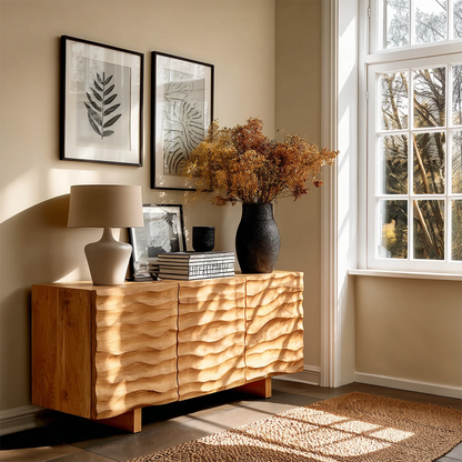 Textured wave sideboard cabinet with sculpted storage doors and modern interior styling