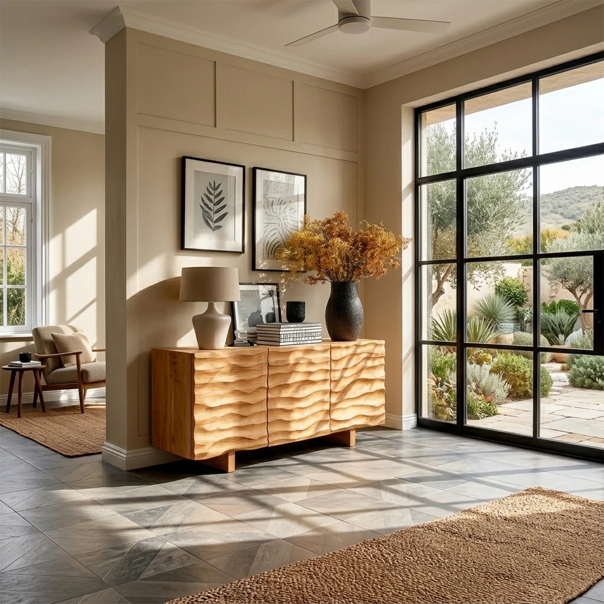 Contemporary buffet cabinet featuring carved wave texture and elegant storage organization