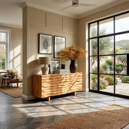 Contemporary buffet cabinet featuring carved wave texture and elegant storage organization