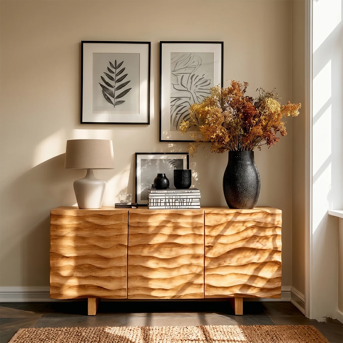 Modern sideboard console with dimensional cabinet fronts and minimalist room aesthetic