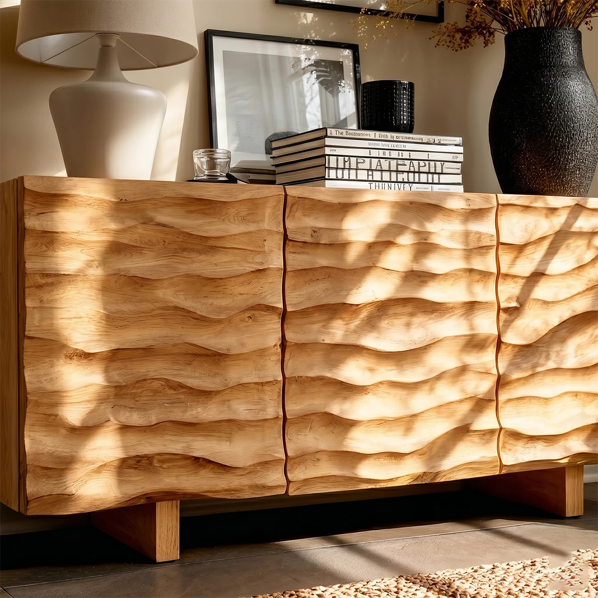 Artistic credenza cabinet with layered wave detailing and refined modern proportions