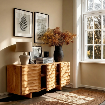 Sculptural storage sideboard with carved texture panels and clean architectural styling