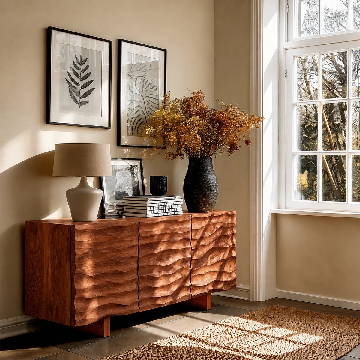 Modern storage cabinet with handcrafted wave detailing and contemporary living room appeal