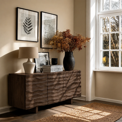 Minimalist sideboard cabinet with textured carved fronts and sleek hidden organization