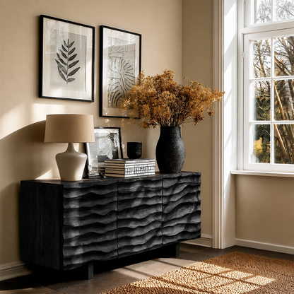 Statement buffet cabinet with sculptural wave texture and sophisticated interior design