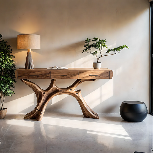 Tree base console table with sculptural design and drawers for modern entryway storage
