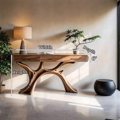 Unique hallway console with organic structure base and seamless drawers for interiors