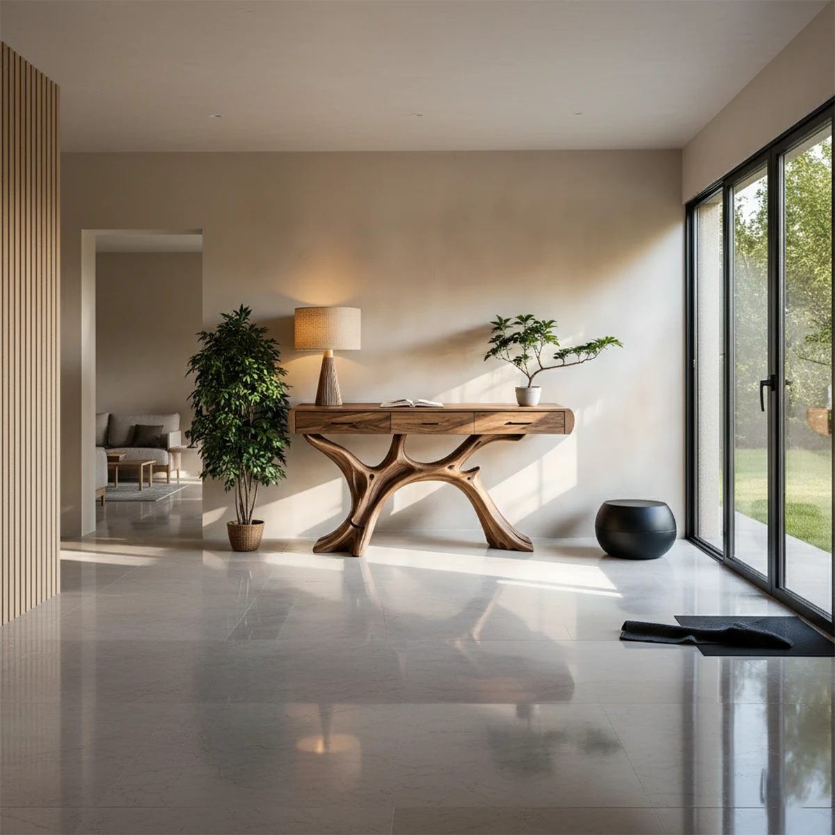 Entryway console featuring organic branch base and functional drawers for daily essentials