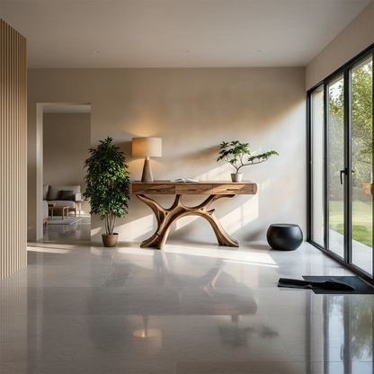 Entryway console featuring organic branch base and functional drawers for daily essentials