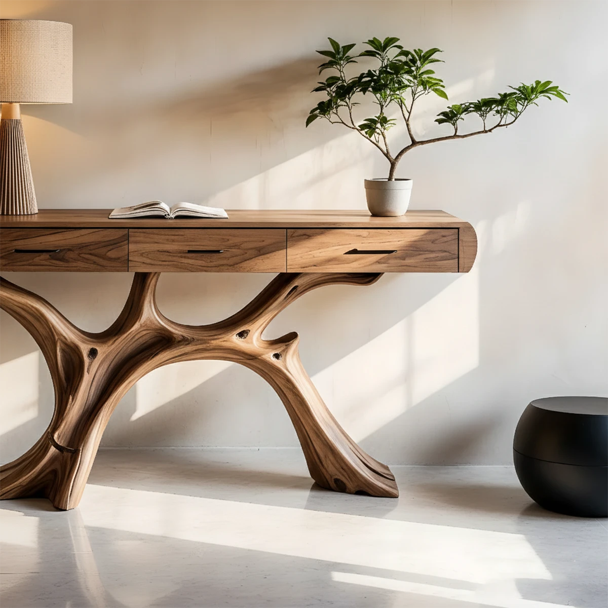 Modern console table with flowing tree form base and integrated drawer storage solution
