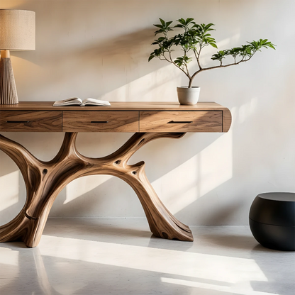 Modern console table with flowing tree form base and integrated drawer storage solution