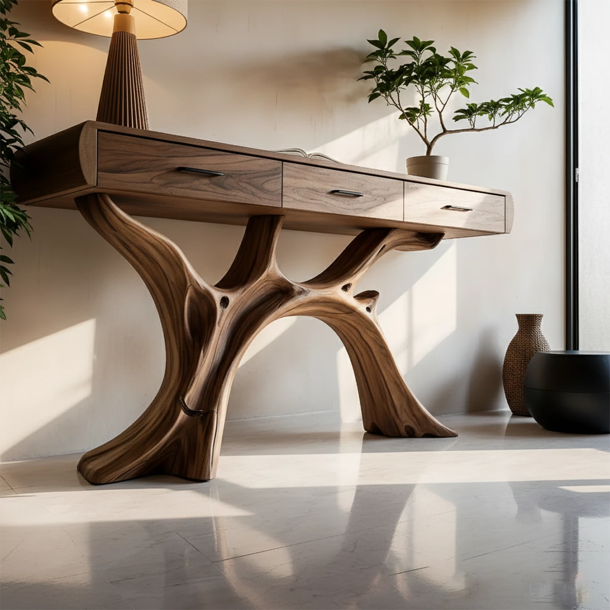 Sculptural sideboard console with branch inspired base and clean drawer organization