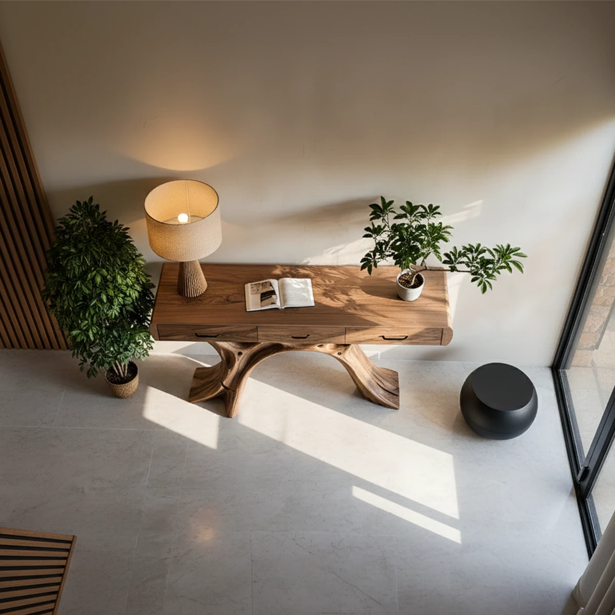 Contemporary hallway console with organic base design and smooth storage drawers