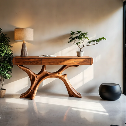 Minimal console cabinet with tree style base and hidden drawers for organized interiors