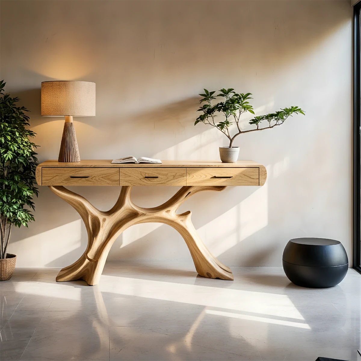 Designer entry console with natural form base and wide drawers for storage needs
