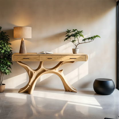 Designer entry console with natural form base and wide drawers for storage needs