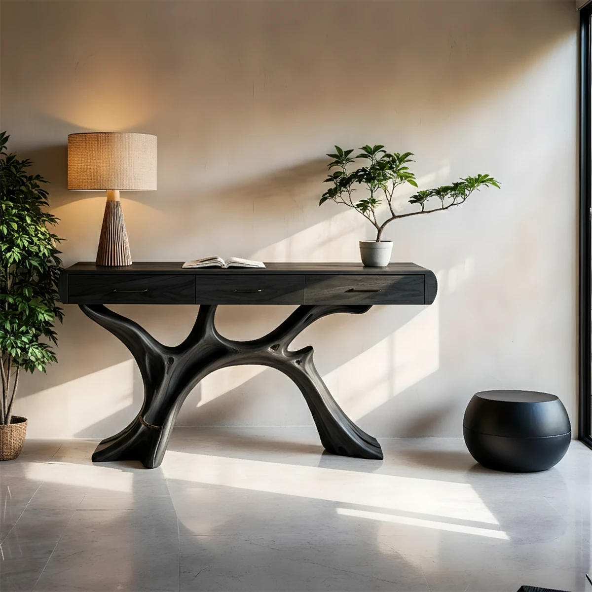 Artistic console table featuring branch base and built in drawers for modern living spaces