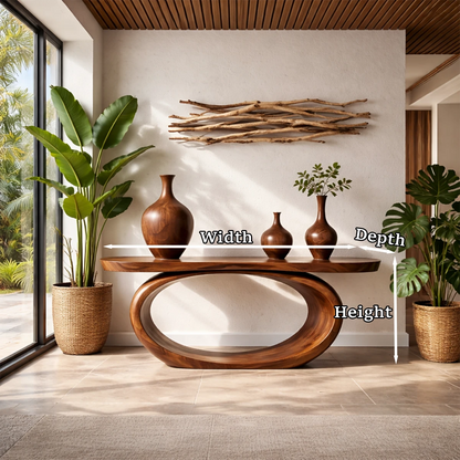 Statement brown wood console table with oval frame