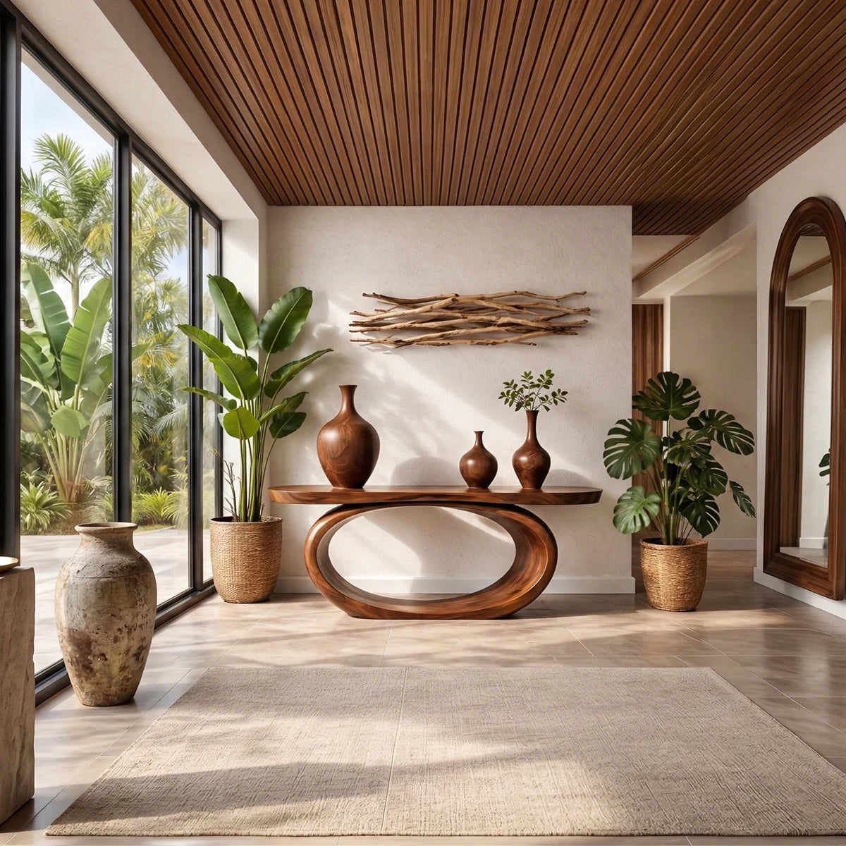 Brown wood console table with oval loop base