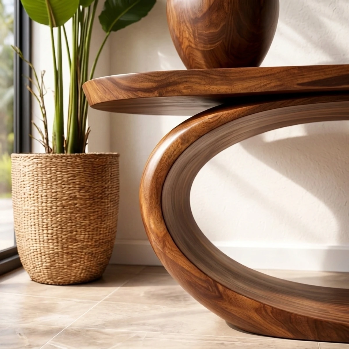 Contemporary brown wood console table with loop frame